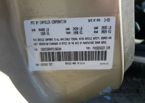 1993 Dodge Dynasty Le z USA, uszkodzony, nr VIN 1B3XC56R4PD186204